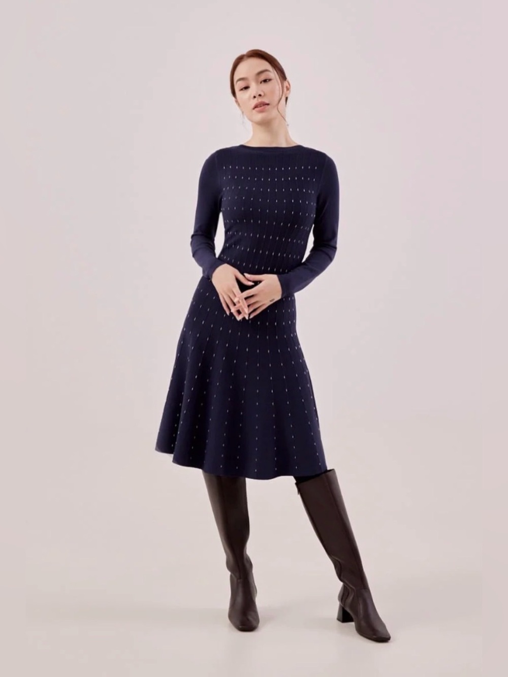 Love Bonito Navy Long-Sleeve Fit & Flare Knit Dress
